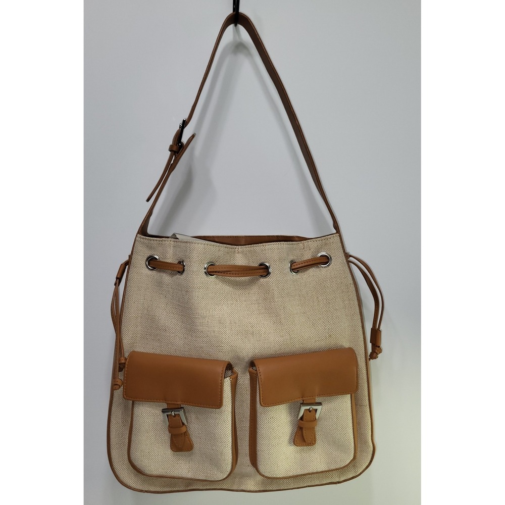Details Bucket Bag Canvas Jute Cotton Leather Trim Tan Beige Purse Tote